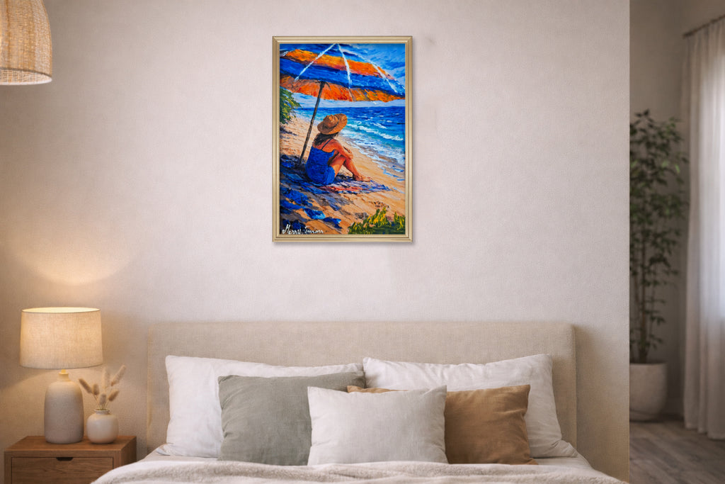 Refugiu la malul mării – Tablou artistic cu umbrelă colorată