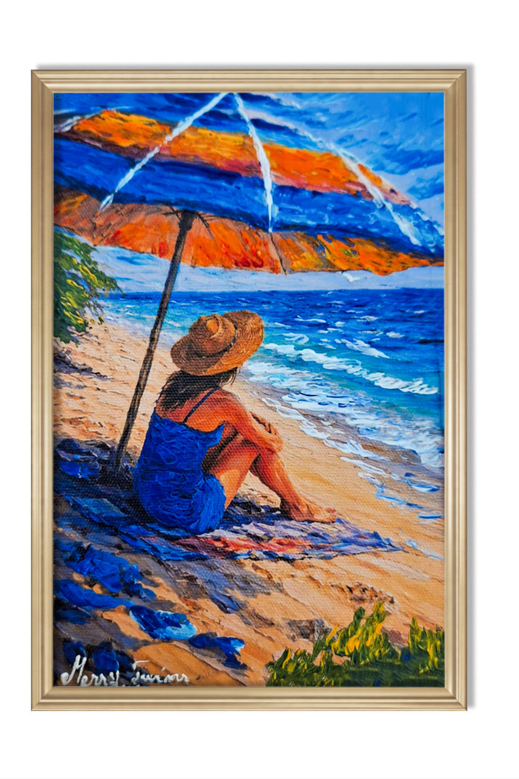 Refugiu la malul mării – Tablou artistic cu umbrelă colorată